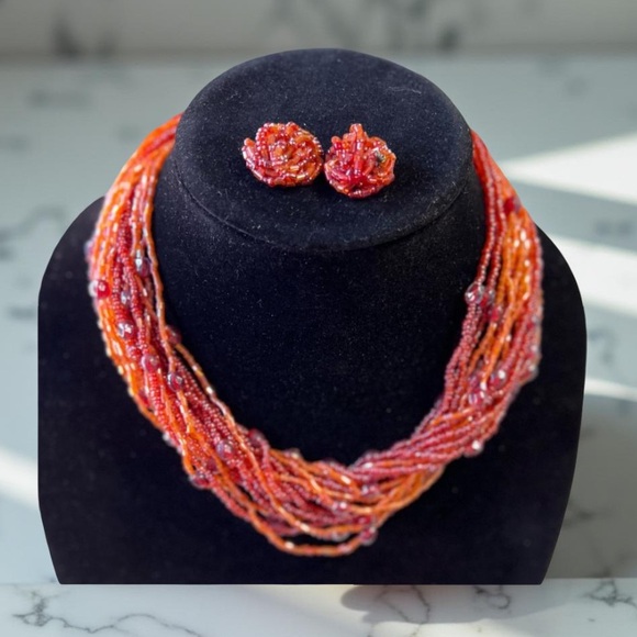 Seed Bead  Orange necklace and earrings - multi strand New Boutique - Picture 7 of 8